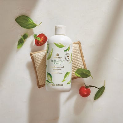 Thymes Fresh-Cut Basil Surface Scrub for home cleaning